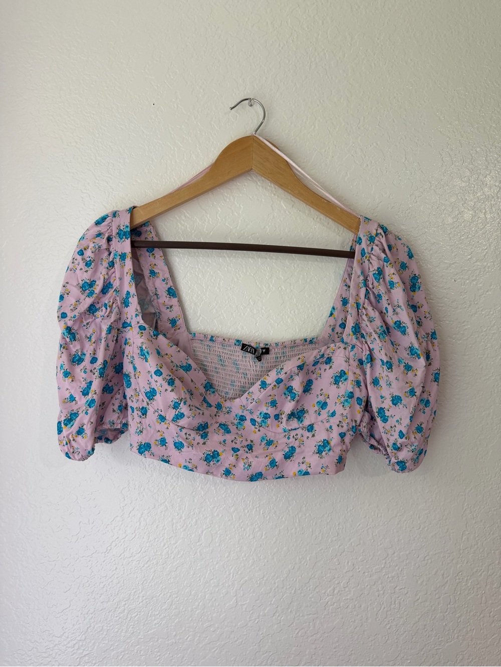 Zara Lilac Floral Puff-Sleeve Crop Top